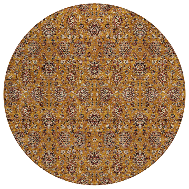 8' Copper Beige And Taupe Round Floral Washable Indoor Outdoor Area Rug