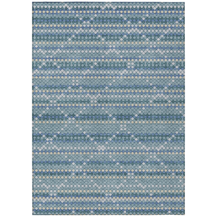 9' X 12' Denim Blue And Teal Blue Geometric Washable Indoor Outdoor Area Rug