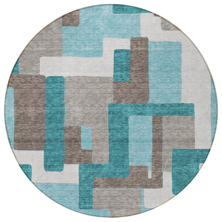 8' Teal Blue Aqua And Beige Round Abstract Washable Indoor Outdoor Area Rug