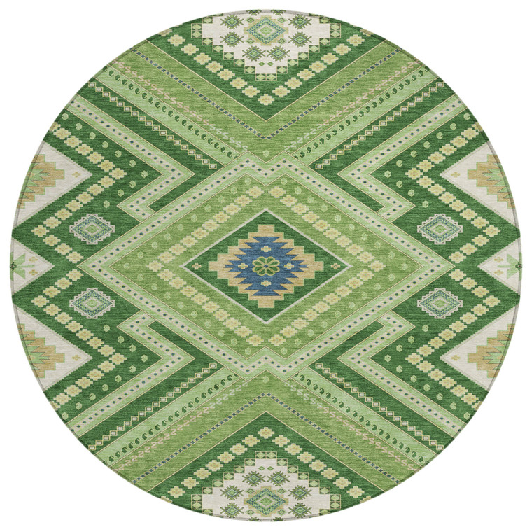 8' Green Ivory And Beige Round Tribal Washable Indoor Outdoor Area Rug