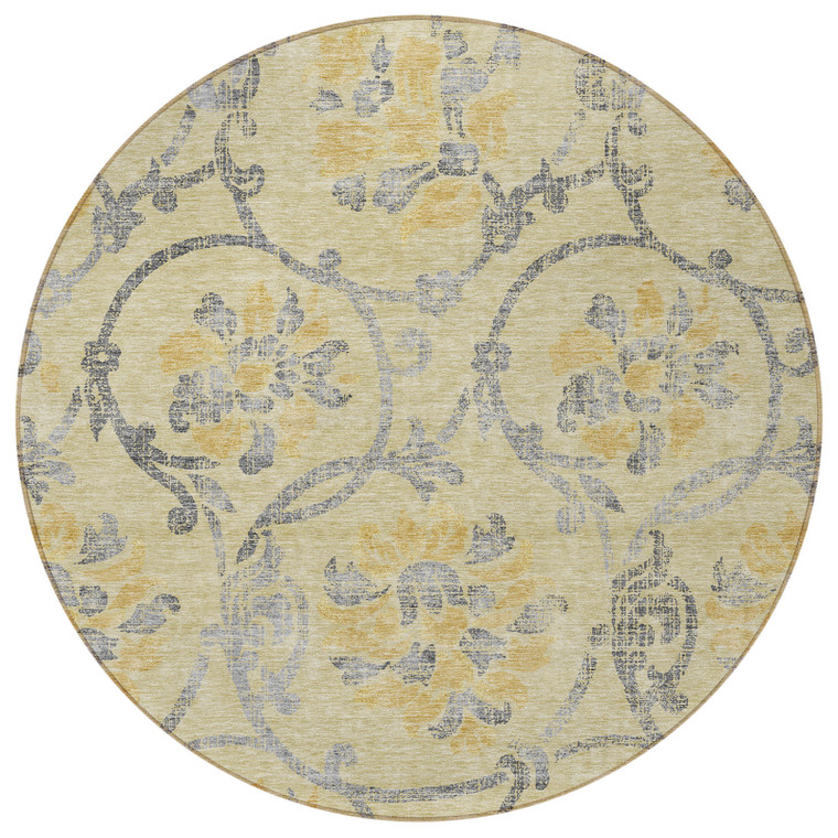 8' Gold Gray And Charcoal Round Floral Washable Indoor Outdoor Area Rug
