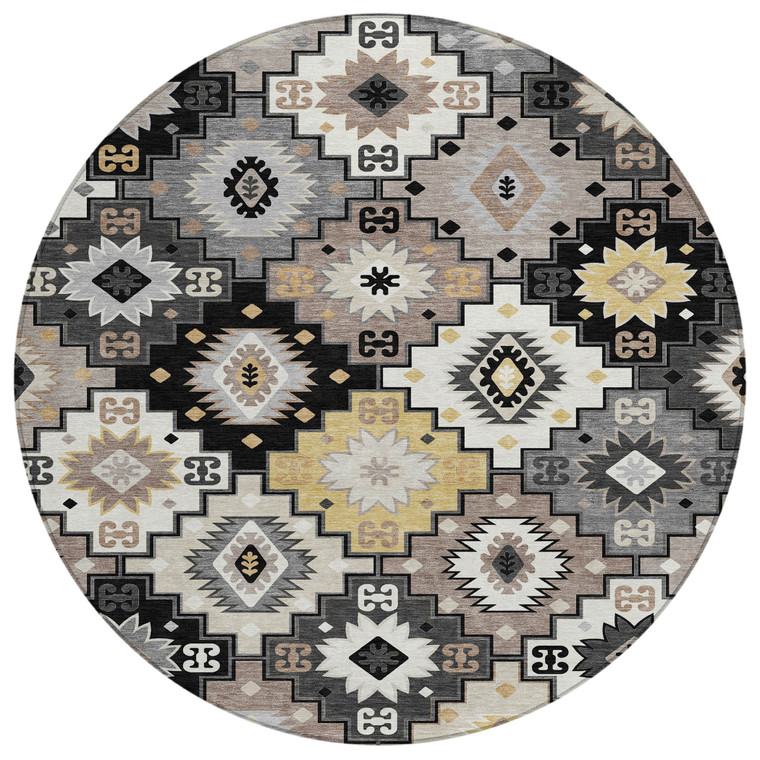 8' Black Wheat And Gray Round Southwestern Washable Indoor Outdoor Area Rug