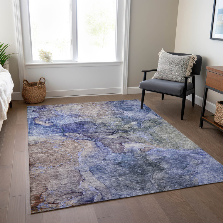 9' X 12' Navy Blue And Beige Abstract Washable Indoor Outdoor Area Rug