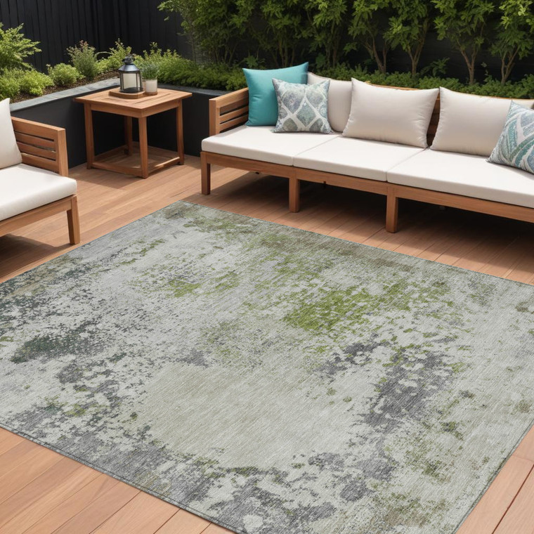 9' X 12' Linen Fern Green And Beige Abstract Washable Indoor Outdoor Area Rug