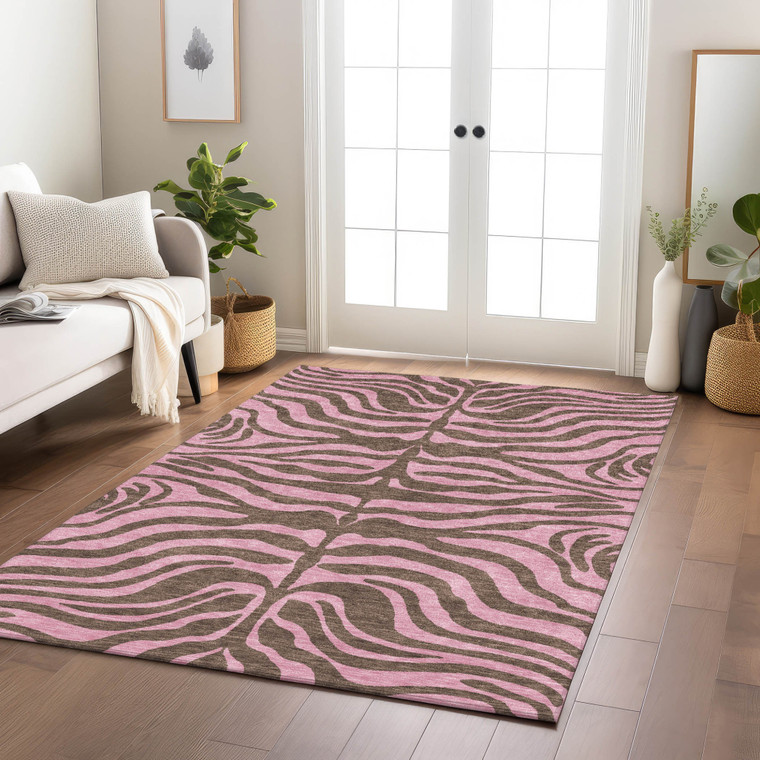 10' X 14' Brown And Pink Animal Print Washable Indoor Outdoor Area Rug