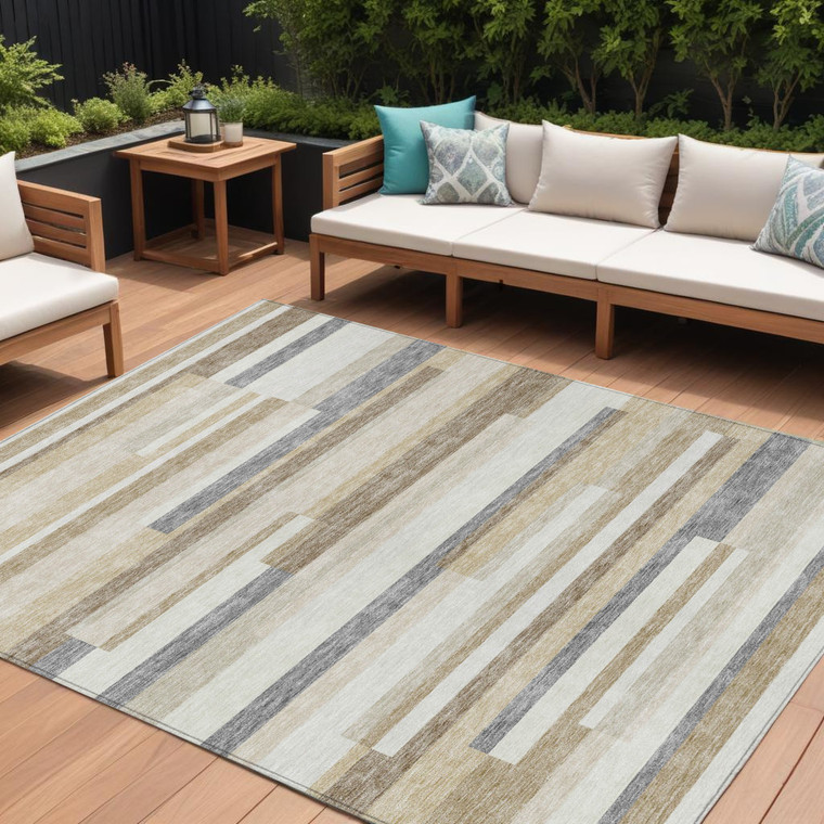 8' X 10' Ivory Beige And Taupe Striped Washable Indoor Outdoor Area Rug Modern Style - Ivory, Beige, Taupe Color