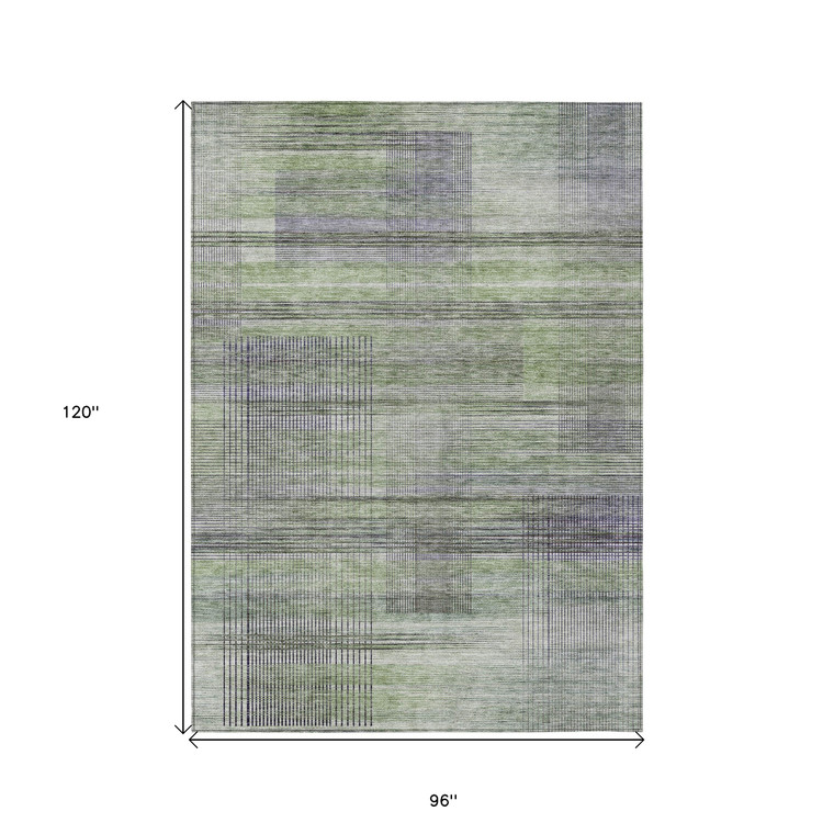 8' X 10' Artichoke Green Purple And Fern Green Striped Washable Indoor Outdoor Area Rug