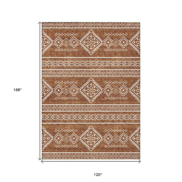 10' X 14' Orange And Ivory Southwestern Washable Indoor Outdoor Area Rug