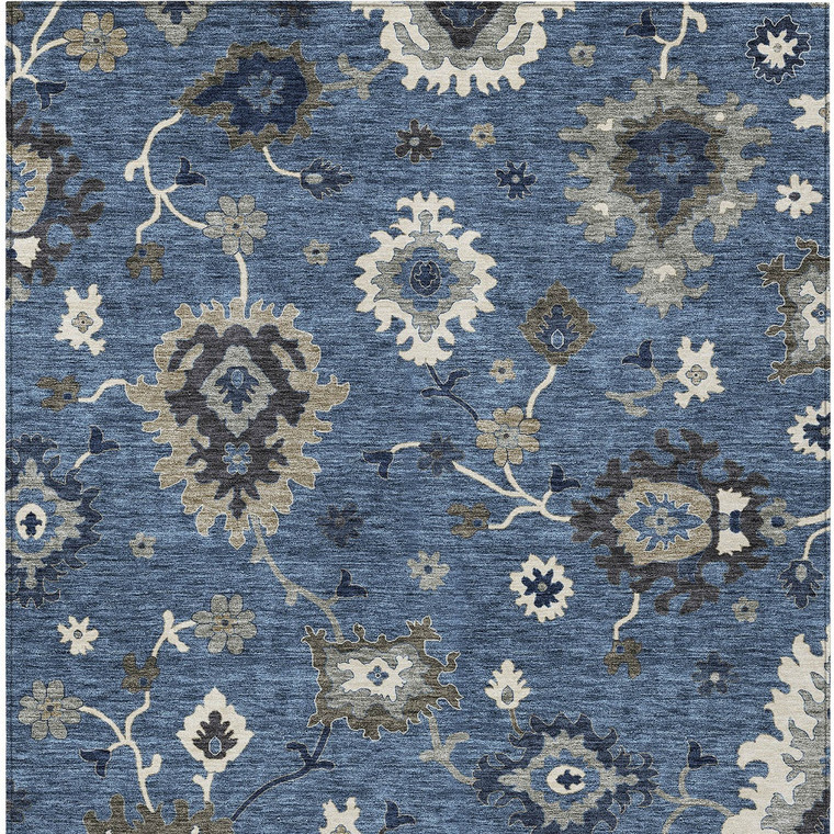 8' X 10' Blue Gray And White Floral Washable Indoor Outdoor Area Rug