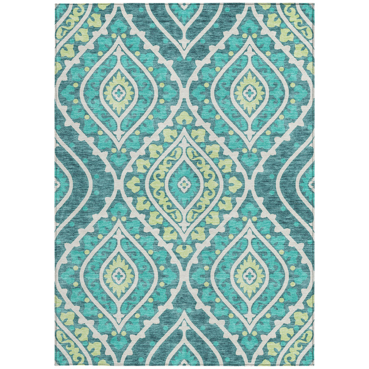 8' X 10' Teal Blue Ivory And Artichoke Green Floral Washable Indoor Outdoor Area Rug