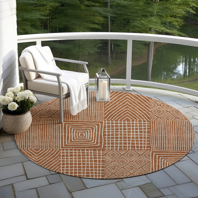 8' Brown And Beige Round Geometric Washable Indoor Outdoor Area Rug - 608219367237