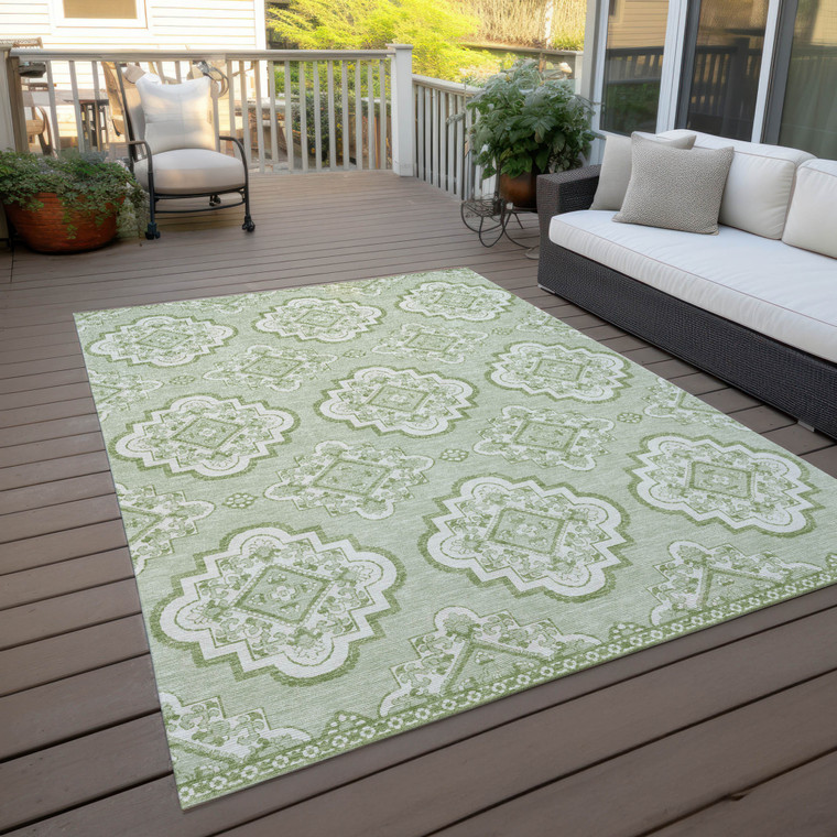 8' X 10' Artichoke Green And Ivory Medallion Washable Indoor Outdoor Area Rug