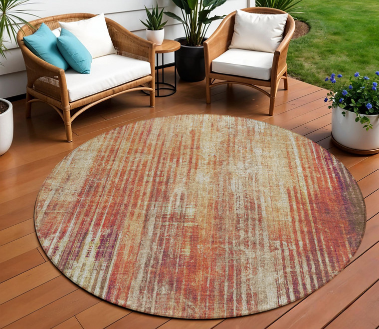 8' Orange Beige And Taupe Round Striped Washable Indoor Outdoor Area Rug