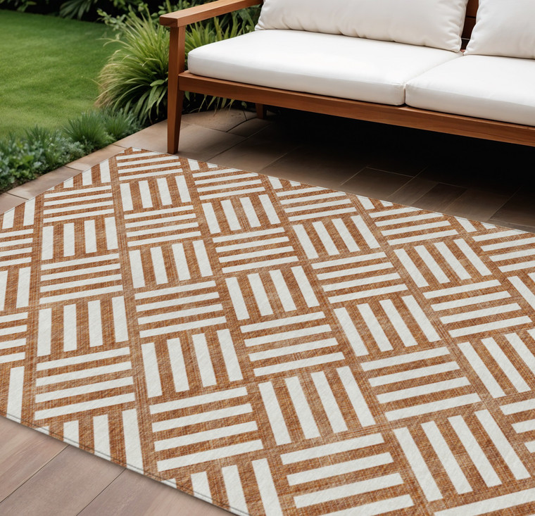 8' X 10' Orange And Ivory Geometric Washable Indoor Outdoor Area Rug - Orange, Ivory