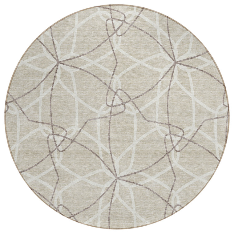 8' Beige And Ivory Round Geometric Washable Indoor Outdoor Area Rug - 880016653922