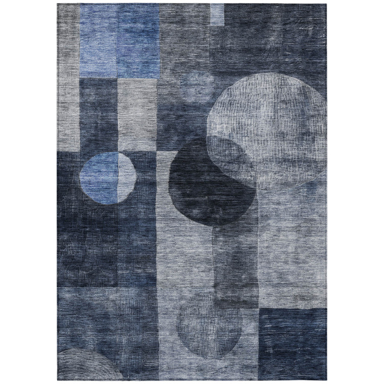 8' X 10' Navy Blue Gray And Charcoal Geometric Washable Indoor Outdoor Area Rug