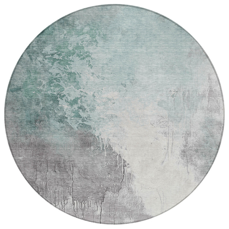 8' Pale Aqua And Gray Round Abstract Washable Indoor Outdoor Area Rug