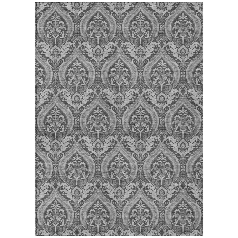 8' X 10' Gray Damask Washable Non Skid Indoor Outdoor Area Rug