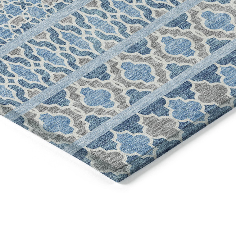 9' X 12' Sky Blue And Denim Blue Quatrefoil Washable Indoor Outdoor Area Rug