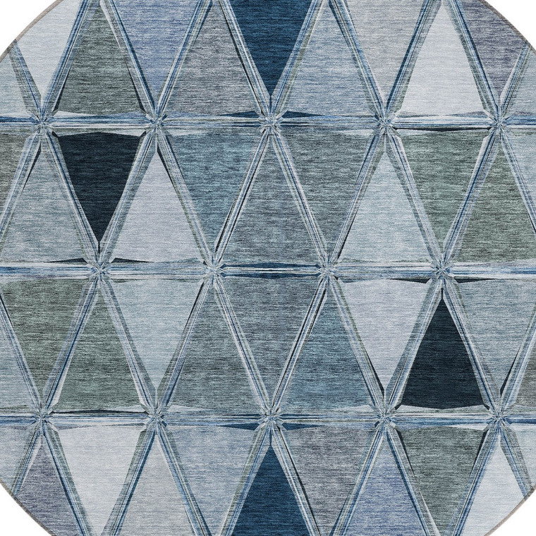 8' Denim Blue And Sky Blue Round Geometric Washable Indoor Outdoor Area Rug - Denim Blue, Sky Blue