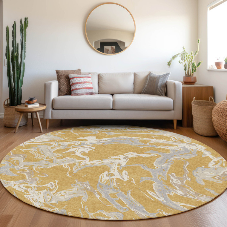 8' Gold Gray And Ivory Round Abstract Washable Indoor Outdoor Area Rug