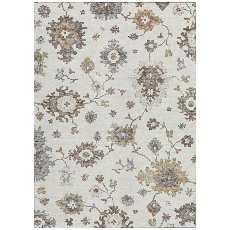 9' X 12' Ivory Gray And Taupe Floral Washable Indoor Outdoor Area Rug