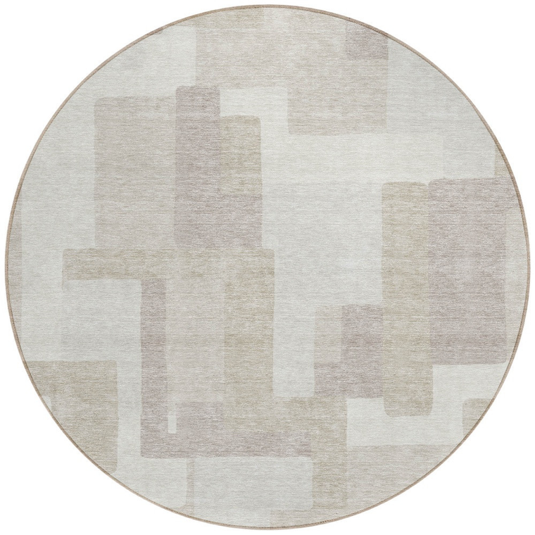 8' Beige Tan And Taupe Round Abstract Washable Indoor Outdoor Area Rug