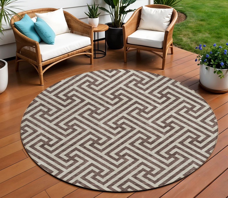 8' Brown And Beige Round Geometric Washable Indoor Outdoor Area Rug - Brown, Beige