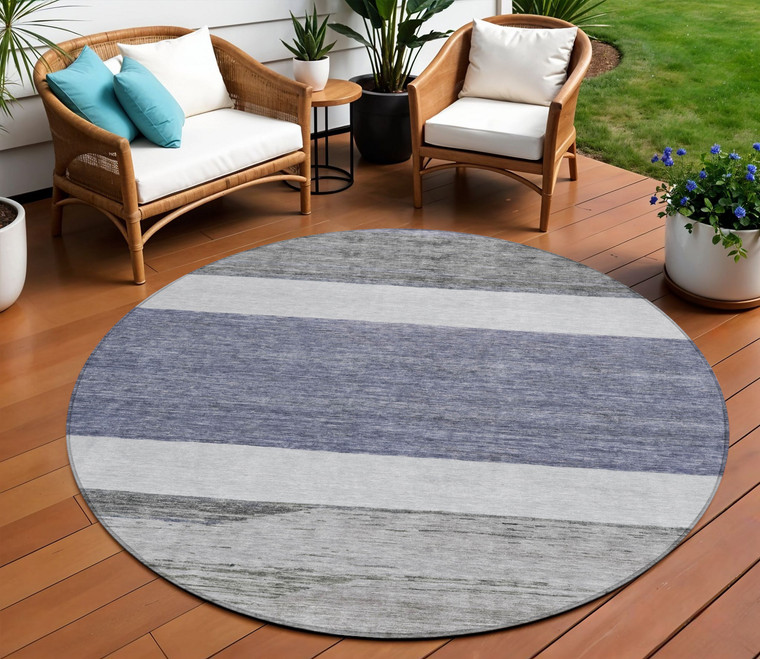 8' Denim Blue Ivory And Gray Round Abstract Washable Indoor Outdoor Area Rug