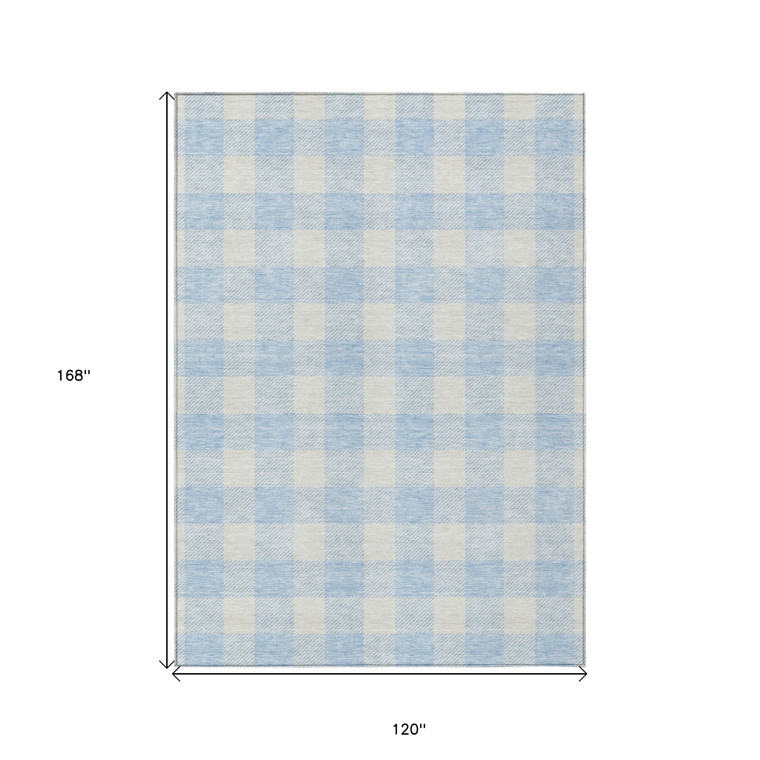 10' X 14' Sky Blue And Gray Plaid Washable Indoor Outdoor Area Rug