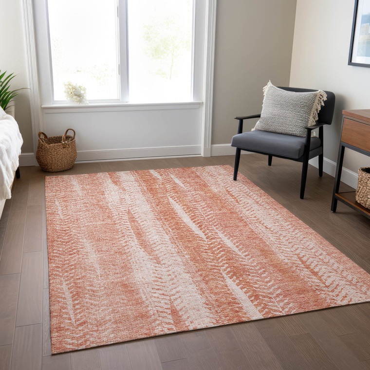 10' X 14' Orange And Salmon Botanical Leaves Washable Indoor Outdoor Area Rug