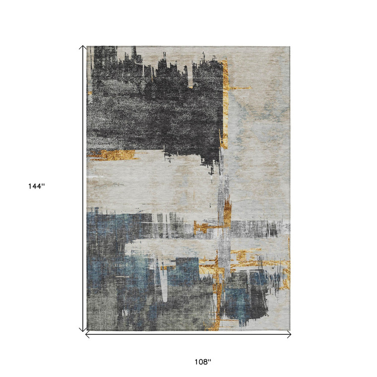 9' X 12' Charcoal Gray And Tan Abstract Washable Indoor Outdoor Area Rug