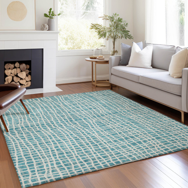 8' X 10' Teal Blue And Ivory Striped Washable Indoor Outdoor Area Rug