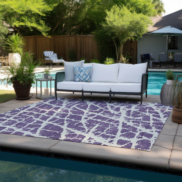 8' X 10' Purple and White Abstract Washable Non Skid Indoor Outdoor Area Rug
