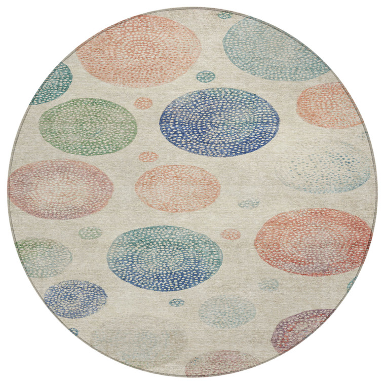 8' Ivory And Peach Round Geometric Washable Indoor Outdoor Area Rug