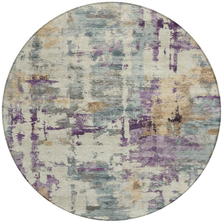 8' Linen Purple And Gold Round Abstract Washable Indoor Outdoor Area Rug