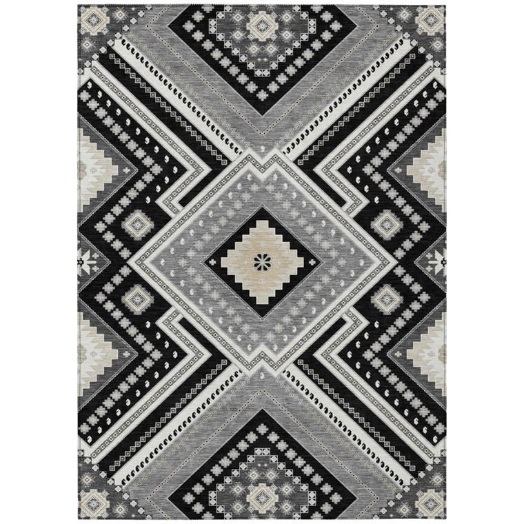 10' X 14' Black Gray And Ivory Tribal Washable Indoor Outdoor Area Rug