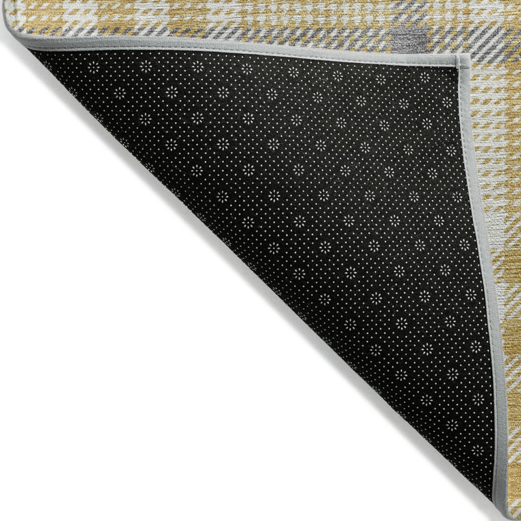 8' Gold Gray And Beige Round Plaid Washable Indoor Outdoor Area Rug