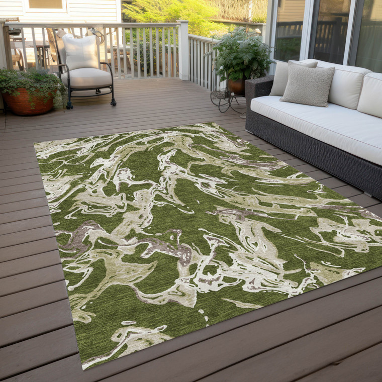 8' X 10' Olive Green And Ivory Abstract Washable Indoor Outdoor Area Rug