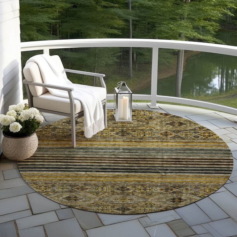 8' Gray Gold And Brown Round Medallion Washable Indoor Outdoor Area Rug