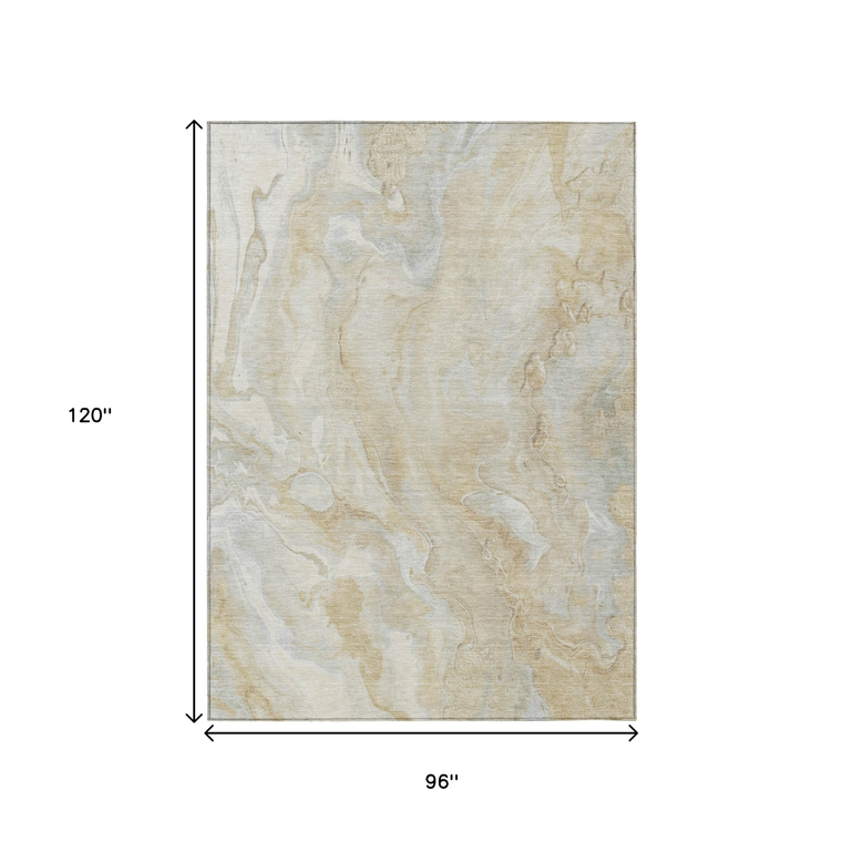 8' X 10' Beige And Silver Abstract Washable Indoor Outdoor Area Rug