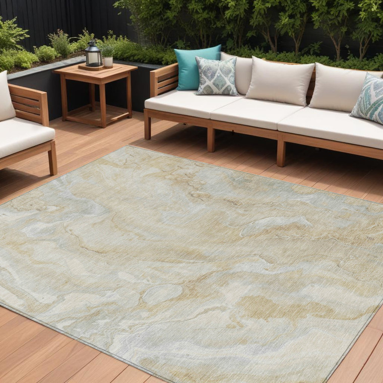 8' X 10' Beige And Silver Abstract Washable Indoor Outdoor Area Rug