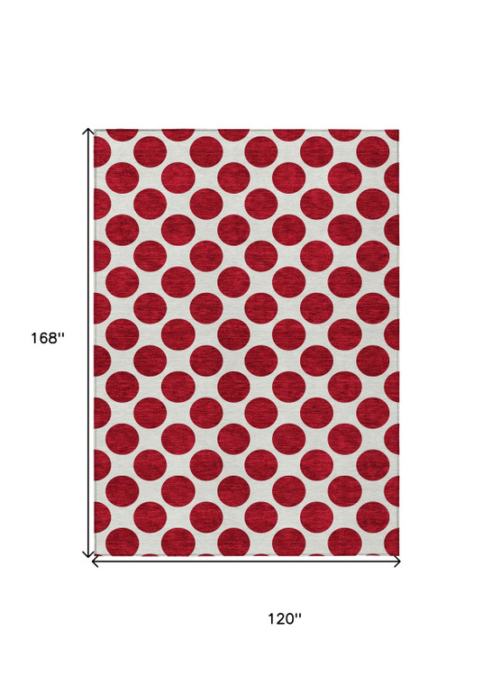 10' X 14' Red And Ivory Polka Dot Washable Indoor Outdoor Area Rug