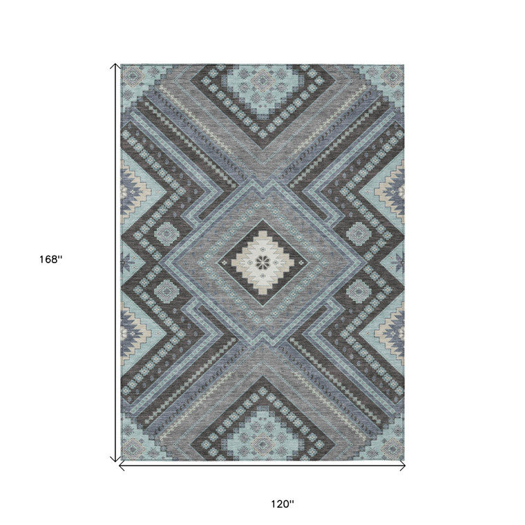 10' X 14' Pewter Charcoal And Sky Blue Tribal Washable Indoor Outdoor Area Rug