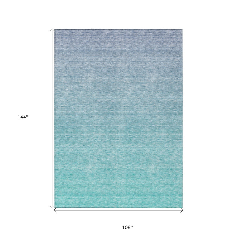 9' X 12' Sky Blue And Teal Blue Ombre Washable Indoor Outdoor Area Rug
