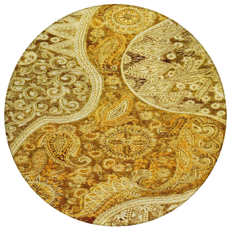 8' Terra Cotta Brown And Gold Round Floral Medallion Washable Indoor Outdoor Area Rug