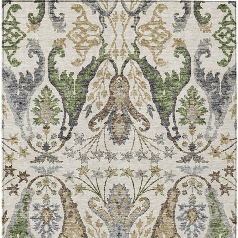 9' X 12' Ivory Green And Brown Floral Washable Indoor Outdoor Area Rug - Ivory, Green, Brown