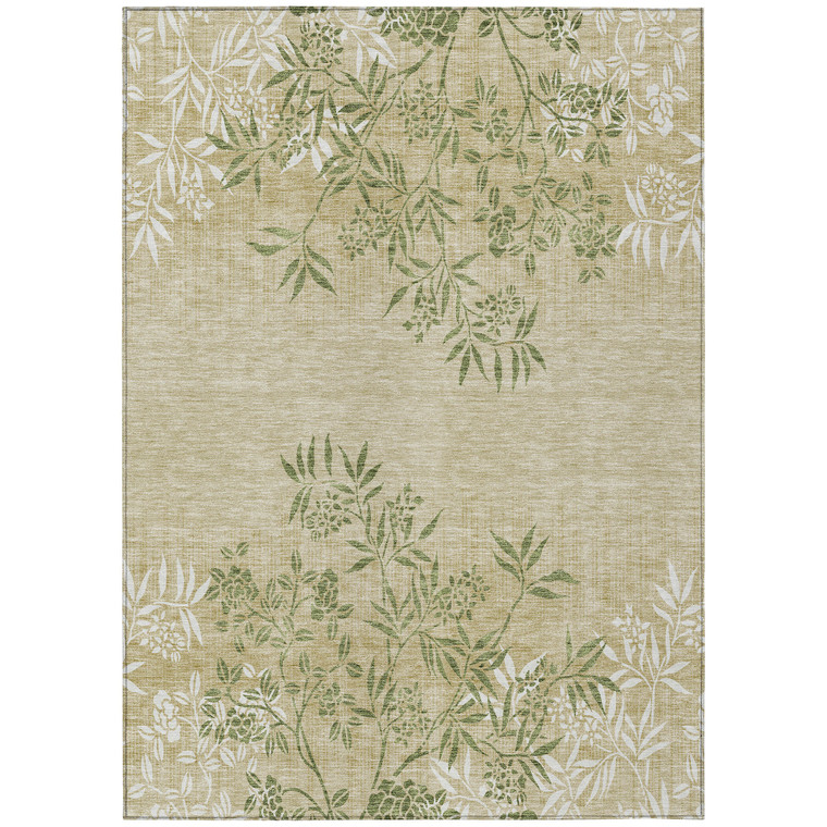 9' X 12' Khaki Ivory And Green Floral Washable Indoor Outdoor Area Rug