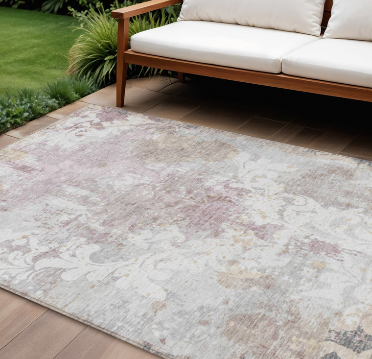 9' X 12' Ivory Light Purple And Gray Damask Washable Indoor Outdoor Area Rug