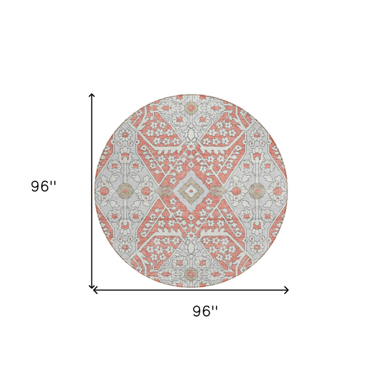 8' Salmon Gray And Taupe Round Floral Washable Indoor Outdoor Area Rug